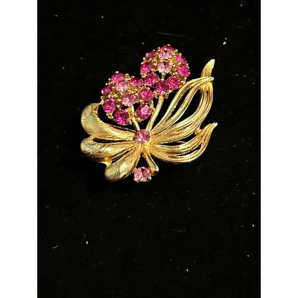 Vintage M Jent M Jenny 1970s Berry Brooch Pink Rhinestone Gold Tone Pin RI